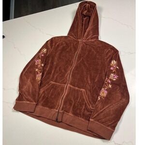 Relativity Brown Velour Zip Up Hoodie Embroidered Sleeve Y2K McBling Large